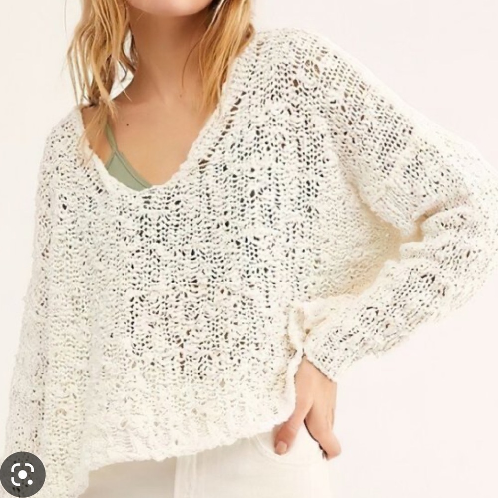 Free People Sunday Shore Sweater ivory women’s open knit v-neck sweater
